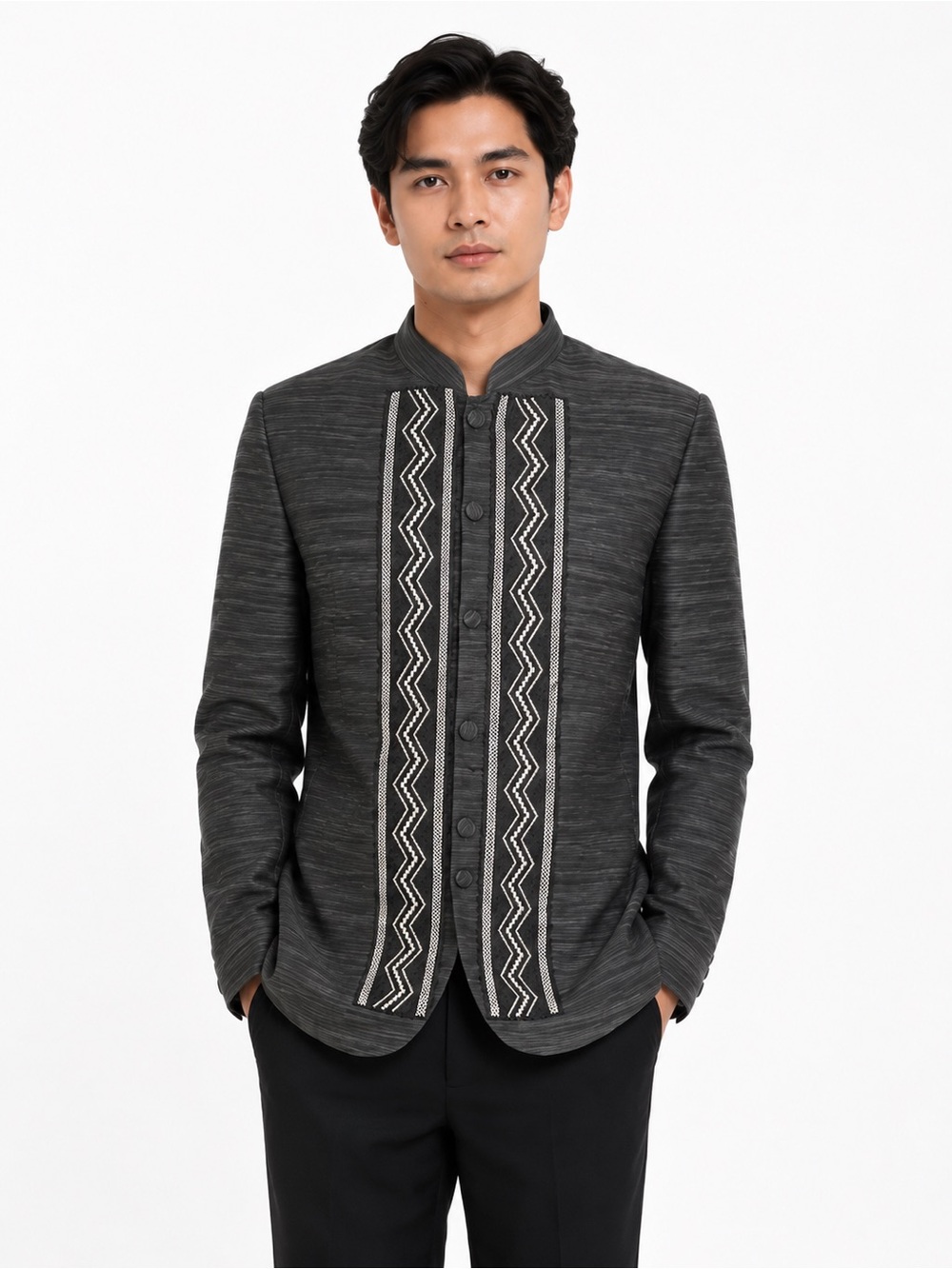 Traditional Men’s Prince Coat Barong Tagalog — Charcoal Black. Design Varies.
